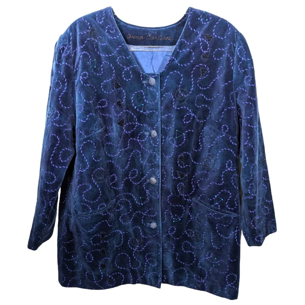 Vintage Anna Carlson Blue Velvet Embroidered Car Coat Mid Length Art To Wear